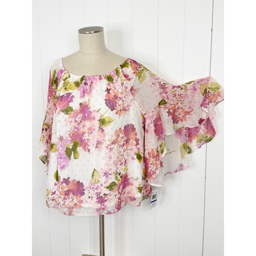 MSK‎ OTS Bell Sleeve Top NWT Womens XL Pink Floral Boho Chiffon Blouse